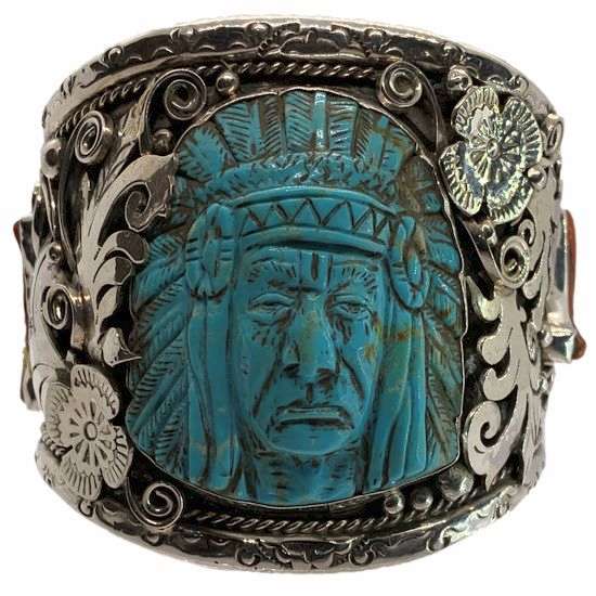 Carved Turquoise Chief Cuff Silver Bracelet Francisco Gomez  turquoise, native american chief, chief, kc chiefs, kansas city, francisco gomez, native american, horses, brave, Indian, carved shell, thunderbird, turquoise, bracelet, native american jewelry, indian jewelry, native american, southwestern, hand made, modern, jewelry, custom, silver, sterling silver, shell, turquoise