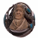 Carved Shell Warrior Cuff Silver Bracelet Francisco Gomez shell, warrior, native american style, jewelry, turquoise, native american chief, francisco gomez, native american, horses, brave, Indian, carved shell, thunderbird, turquoise, bracelet, native american jewelry, indian jewelry, native american, southwestern, hand made, modern, jewelry, custom, silver, sterling silver, shell, turquoise