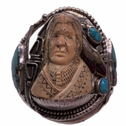Carved Shell Warrior Cuff Silver Bracelet Francisco Gomez shell, warrior, native american style, jewelry, turquoise, native american chief, francisco gomez, native american, horses, brave, Indian, carved shell, thunderbird, turquoise, bracelet, native american jewelry, indian jewelry, native american, southwestern, hand made, modern, jewelry, custom, silver, sterling silver, shell, turquoise