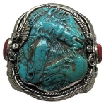 Three Horse Carved Turquoise Sterling Cuff Francisco Gomez Jewelry francisco gomez, native american, horses, brave, Indian, carved shell, thunderbird, turquoise, bracelet, native american jewelry, indian jewelry, native american, southwestern, hand made, modern, jewelry, custom, silver, sterling silver, shell, turquoise