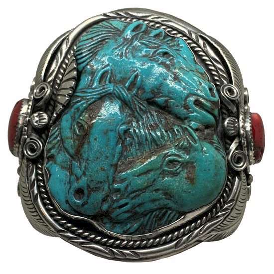 Three Horse Carved Turquoise Sterling Cuff Francisco Gomez Jewelry francisco gomez, native american, horses, brave, Indian, carved shell, thunderbird, turquoise, bracelet, native american jewelry, indian jewelry, native american, southwestern, hand made, modern, jewelry, custom, silver, sterling silver, shell, turquoise