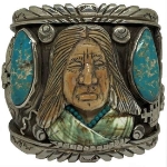 Carved Shell Native American Warrior Kachina Pueblo Large Cuff Francisco Gomez Jewelry francisco gomez, native american, brave, Indian, carved shell, thunderbird, turquoise, bracelet, native american jewelry, indian jewelry, native american, southwestern, hand made, modern, jewelry, custom, silver, sterling silver, shell, turquoise