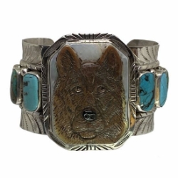 Carved Shell Bear Turquoise Cuff Silver Bracelet Francisco Gomez bears, francisco gomez, native american, horses, brave, Indian, carved shell, thunderbird, turquoise, bracelet, native american jewelry, indian jewelry, native american, southwestern, hand made, modern, jewelry, custom, silver, sterling silver, shell, turquoise