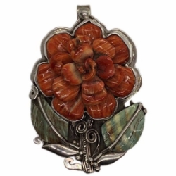 Francisco Gomez - Sterling Silver Spiny Oyster Rose Pendant francisco gomez, rose, flower pendant, native american jewelry, native, american, hand made, modern, jewelry, custom, silver, sterling silver, shell, turquoise