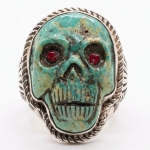 Turquoise Skull Silver 925 Men's Biker Ring SZ 14.5 francisco gomez, biker jewelry, turquoise skull, carved, shell, native american jewelry, native, american, hand made, modern, jewelry, custom, silver, sterling silver, shell, turquoise