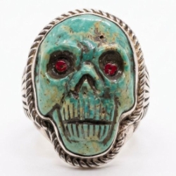 Turquoise Skull Silver 925 Mens Biker Ring SZ 14.5 francisco gomez, biker jewelry, turquoise skull, carved, shell, native american jewelry, native, american, hand made, modern, jewelry, custom, silver, sterling silver, shell, turquoise