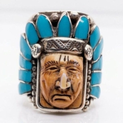 Carved Shell Turquoise Chief Silver 925 Men's Ring SZ 13.5 to 14 francisco gomez, native american style, chief, biker jewelry, turquoise, carved, shell, native american jewelry, native, american, hand made, modern, jewelry, custom, silver, sterling silver, shell, turquoise
