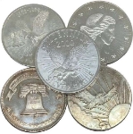 Vintage Set Including Sunshine Minting 1&nbsp;oz Silver Round 2000 - 5 Coins vintage, silver, round, 999, 1 ounce, sunshine millenium, 2000, a-mark